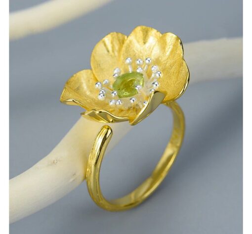 Bague en argent - fleur d'Anémone doré vert