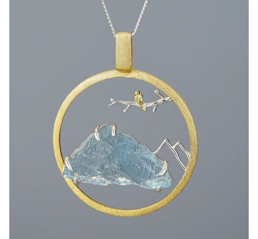 Pendentif montagne Aigue Marine oiseau or