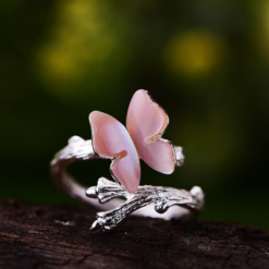 bague en argent - papillon rose