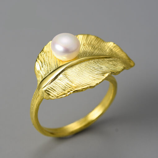 Bague perle - Feuille argent dorée