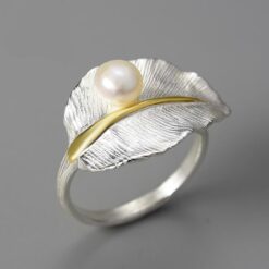 Bague perle - Feuille argent 2