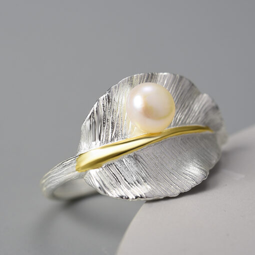 Bague perle - Feuille argent 2