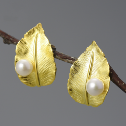 Boucles d'oreilles perle - feuille argent (dorée)
